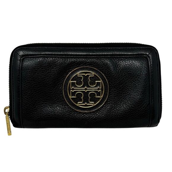 Tory Burch Amanda Zip Continental Wallet Black Pebbled Leather Gold Logo EUC - Picture 1 of 8